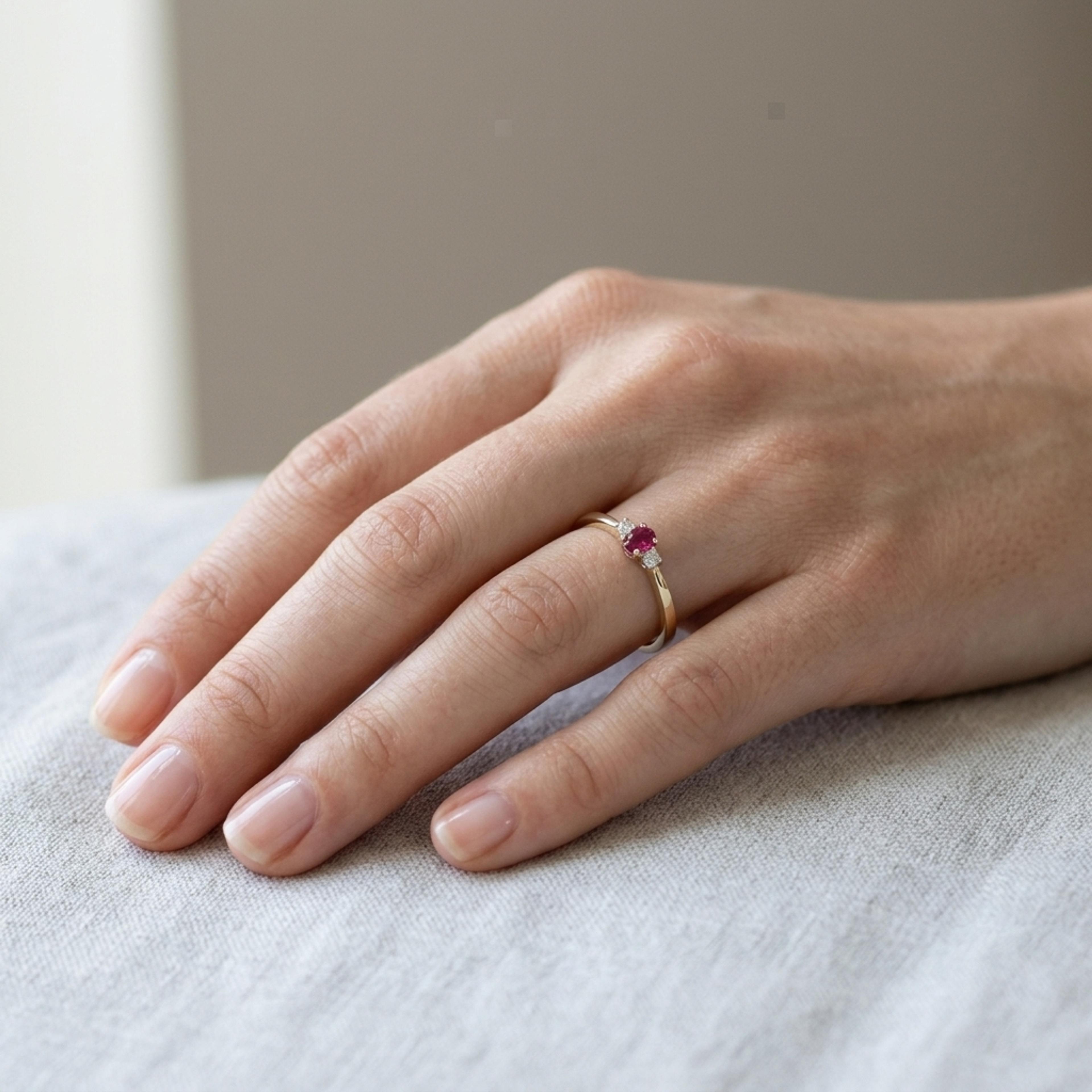 Prsten s rubínem a diamanty 17, diamant, žluté zlato na ruce — Zlatnictví Vaněk Kolín