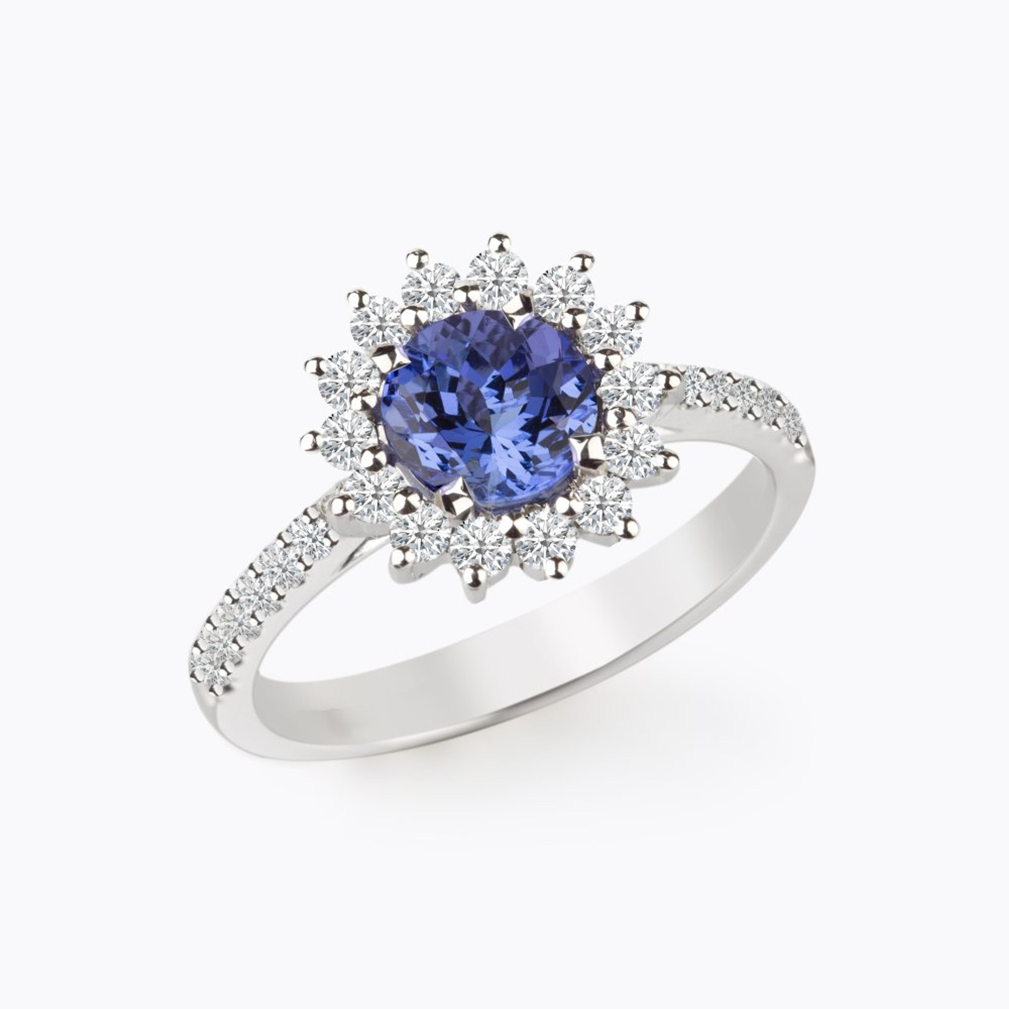 Prsten s tanzanitem a diamanty 06, diamant, bílé zlato — Zlatnictví Vaněk Kolín