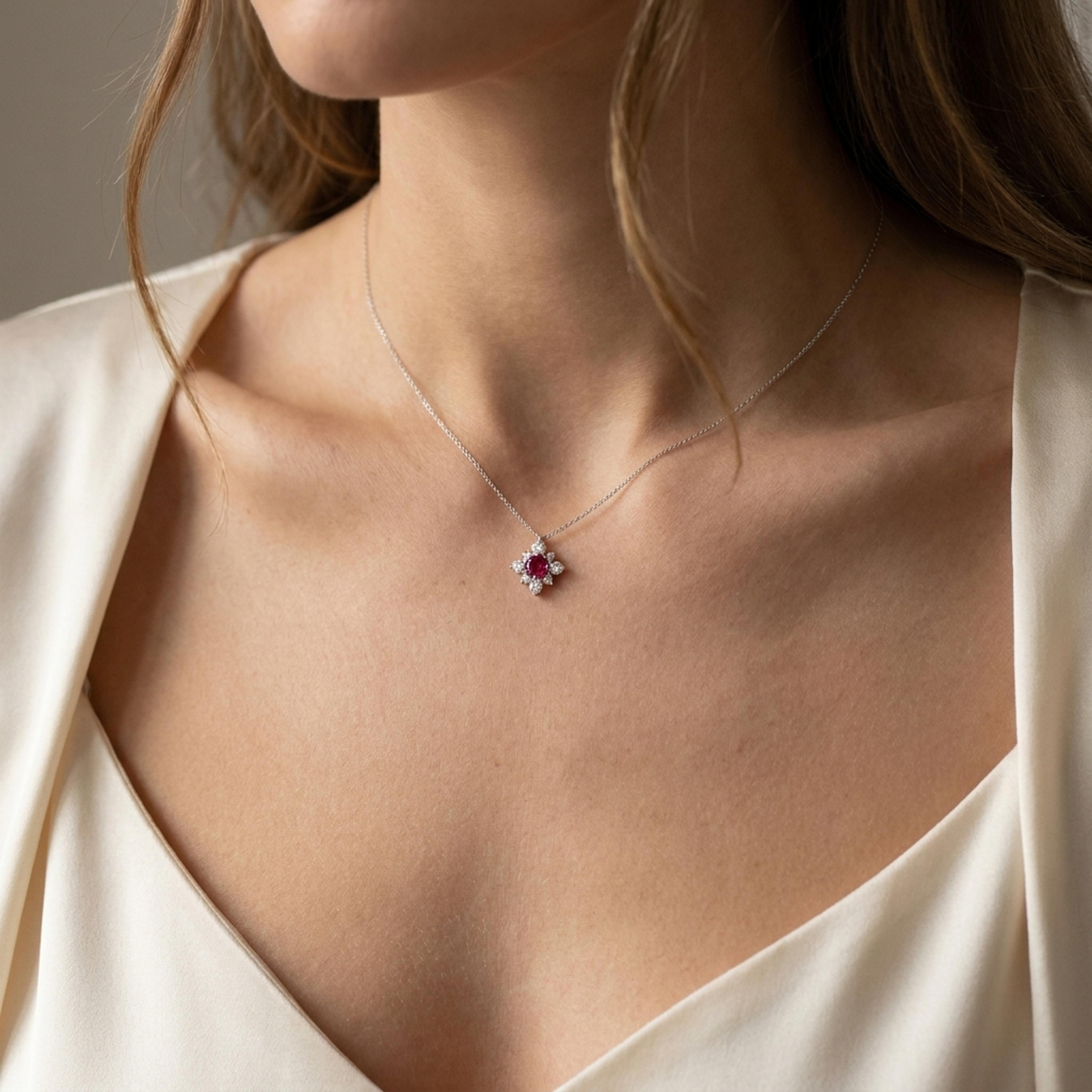 Přívěsek s rubínem a diamanty 08, diamant, kombinované zlato na krku — Zlatnictví Vaněk Kolín