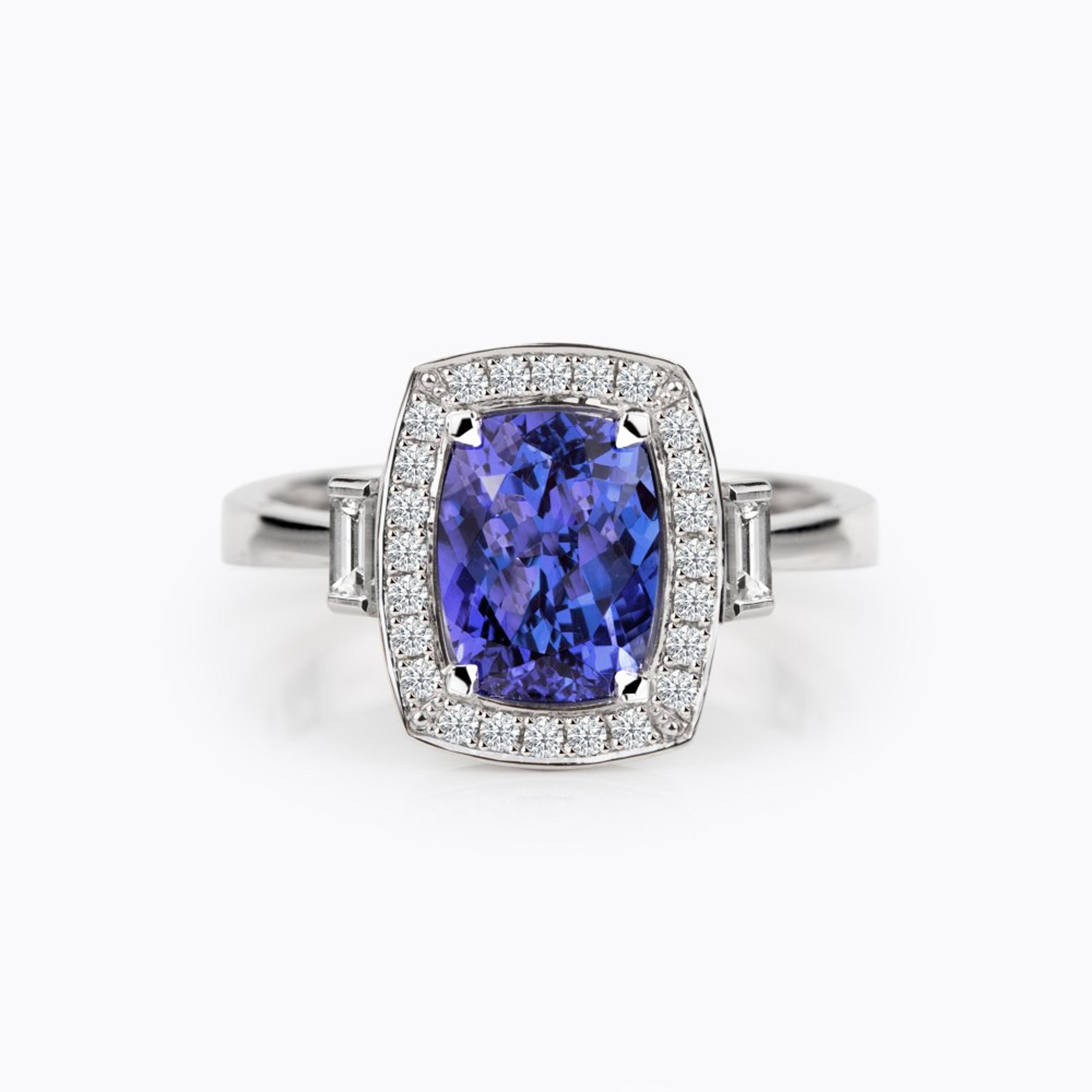 Prsten s tanzanitem a diamanty 05, diamant, bílé zlato — Zlatnictví Vaněk Kolín