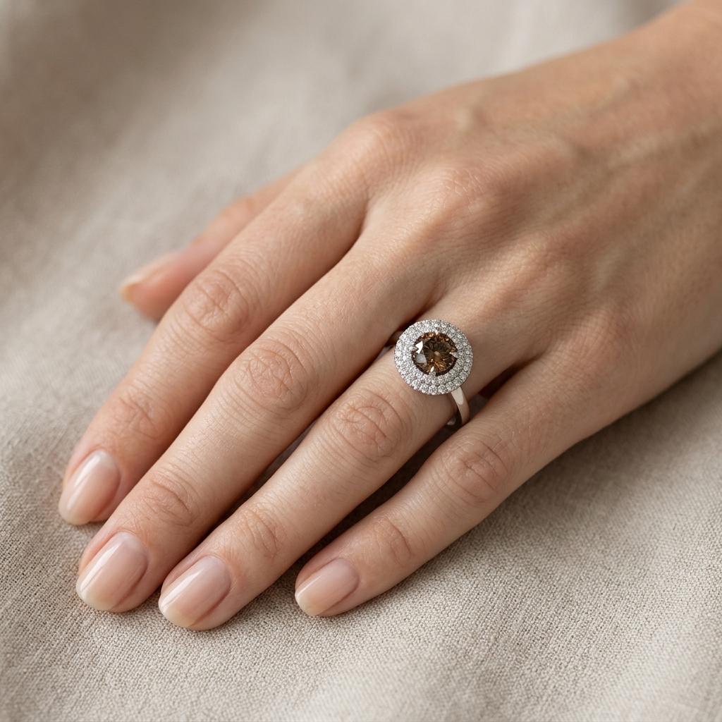 Prsten s hnědým diamantem 02, barevný diamant, bílé zlato na ruce — Zlatnictví Vaněk Kolín