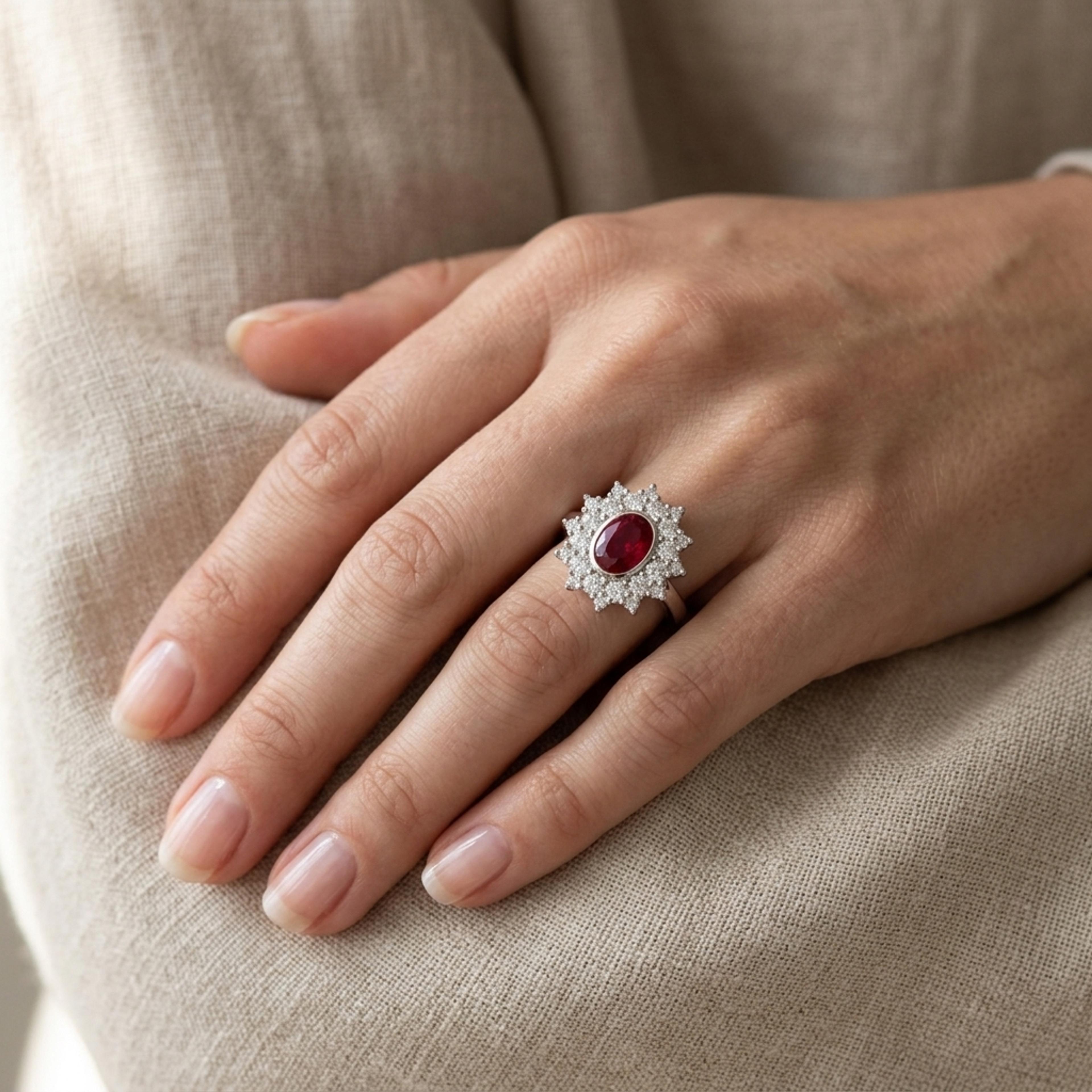 Prsten s rubínem a diamanty 18, diamant, bílé zlato na ruce — Zlatnictví Vaněk Kolín
