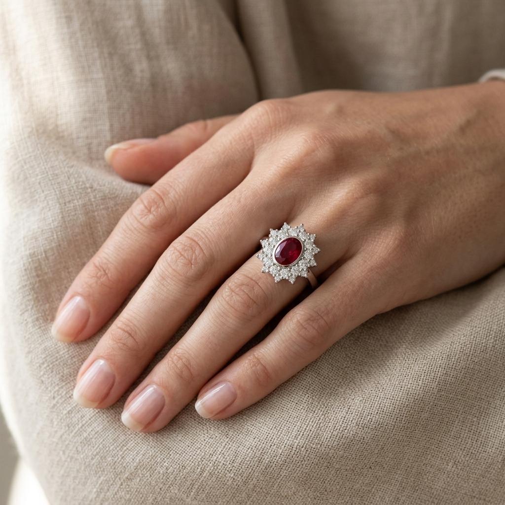 Prsten s rubínem a diamanty 18, diamant, bílé zlato na ruce — Zlatnictví Vaněk Kolín