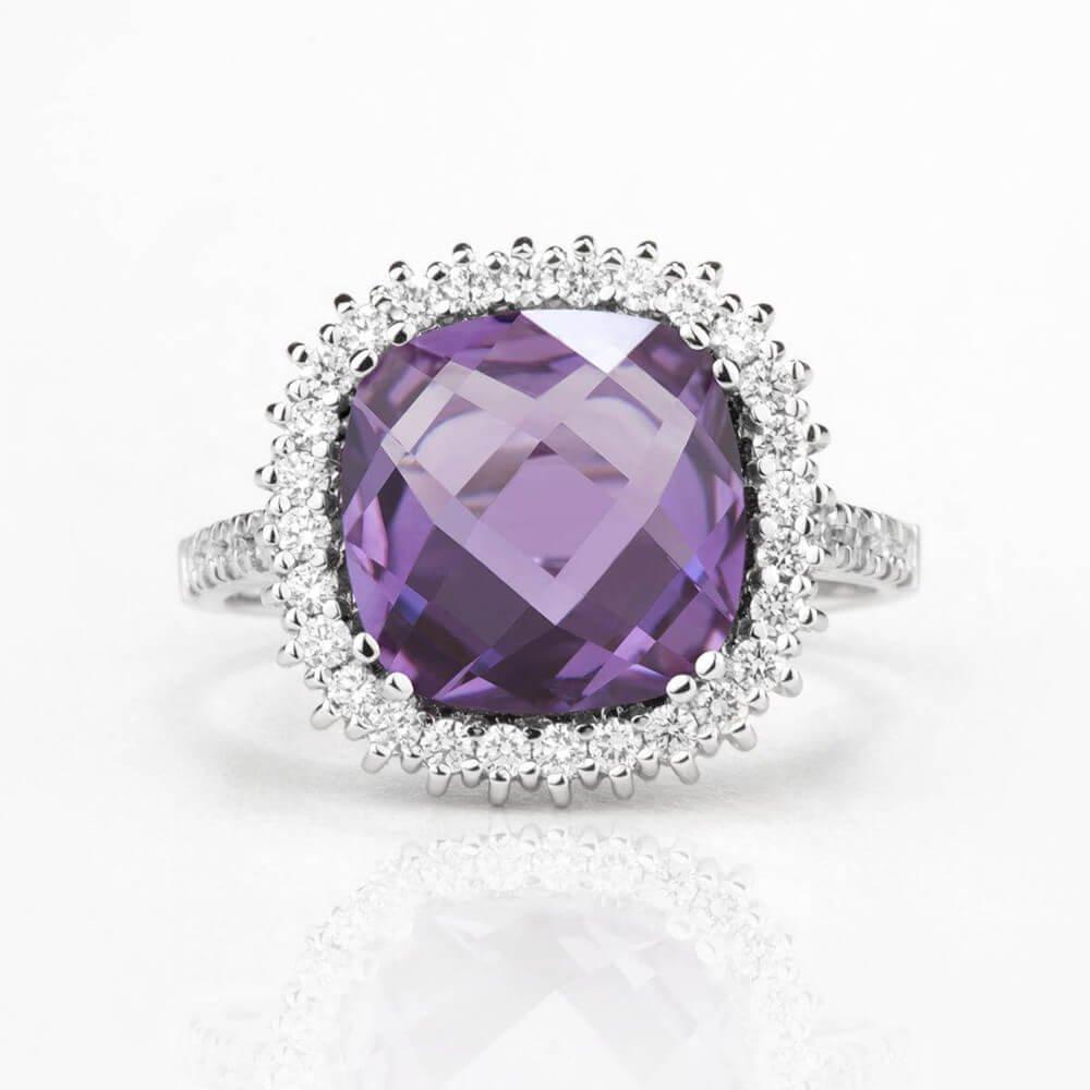 Prsten s ametystem a diamanty 01, diamant, bílé zlato — Zlatnictví Vaněk Kolín