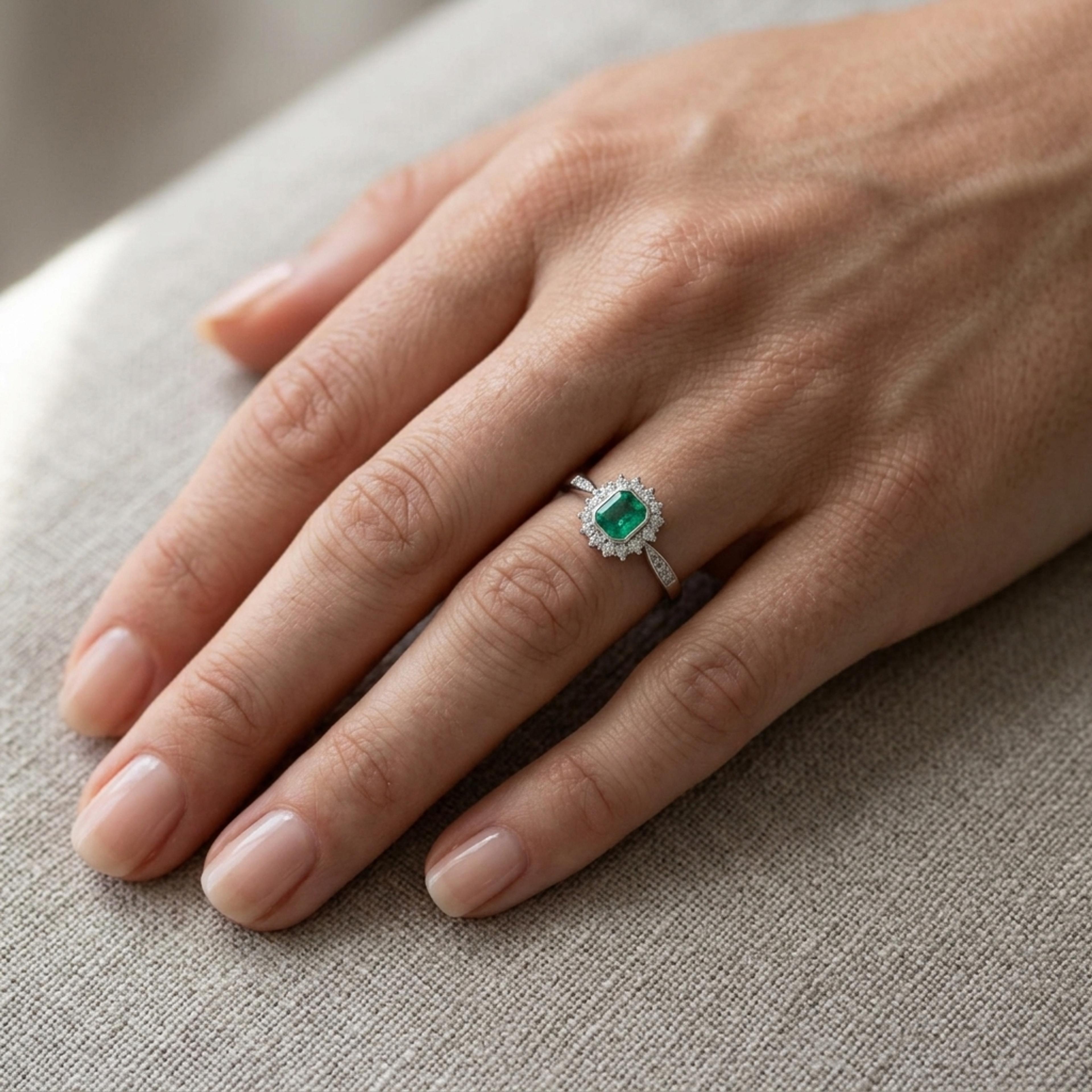 Prsten se smaragdem a diamanty 02, diamant, bílé zlato na ruce — Zlatnictví Vaněk Kolín