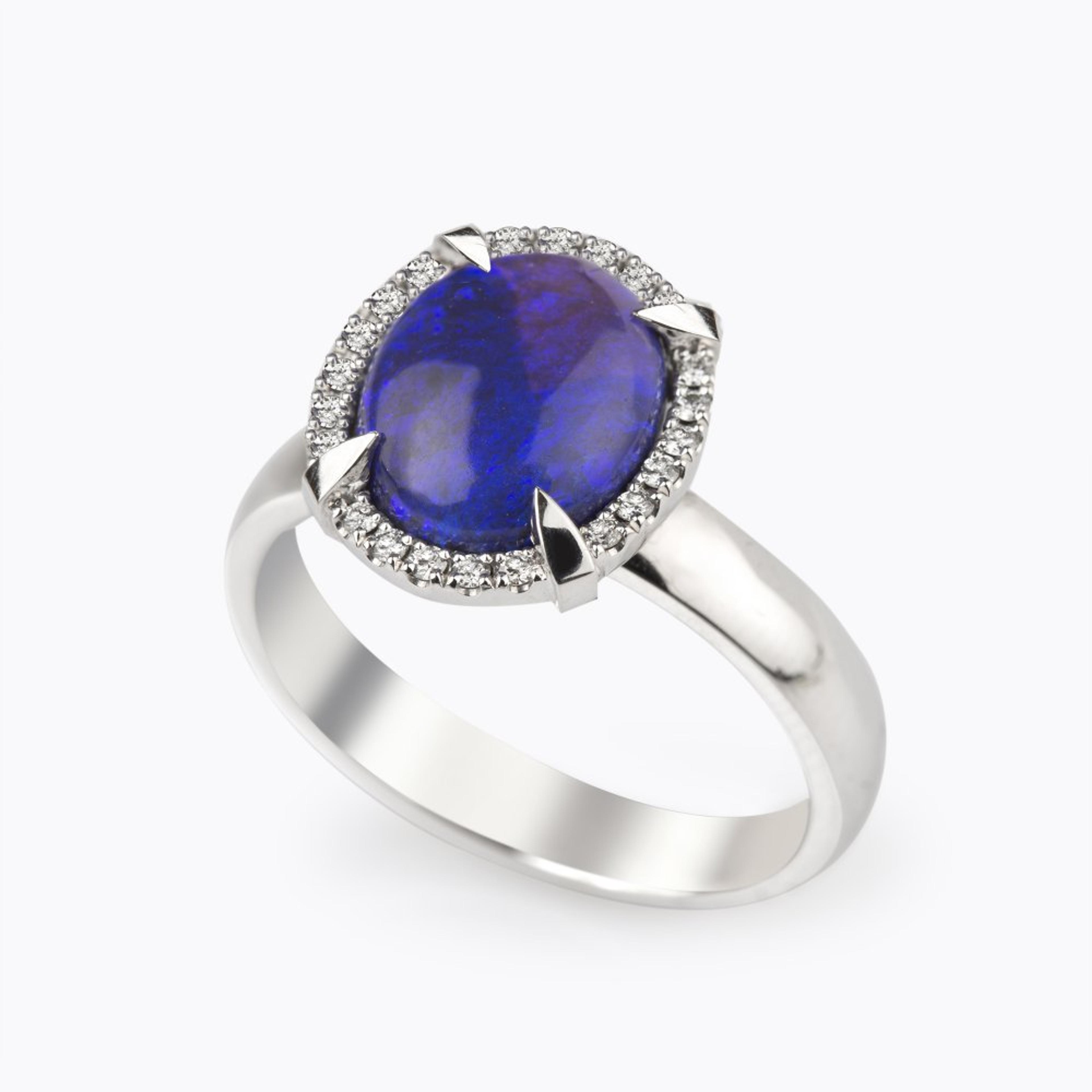 Prsten s opálem a diamanty 05, diamant, bílé zlato — Zlatnictví Vaněk Kolín
