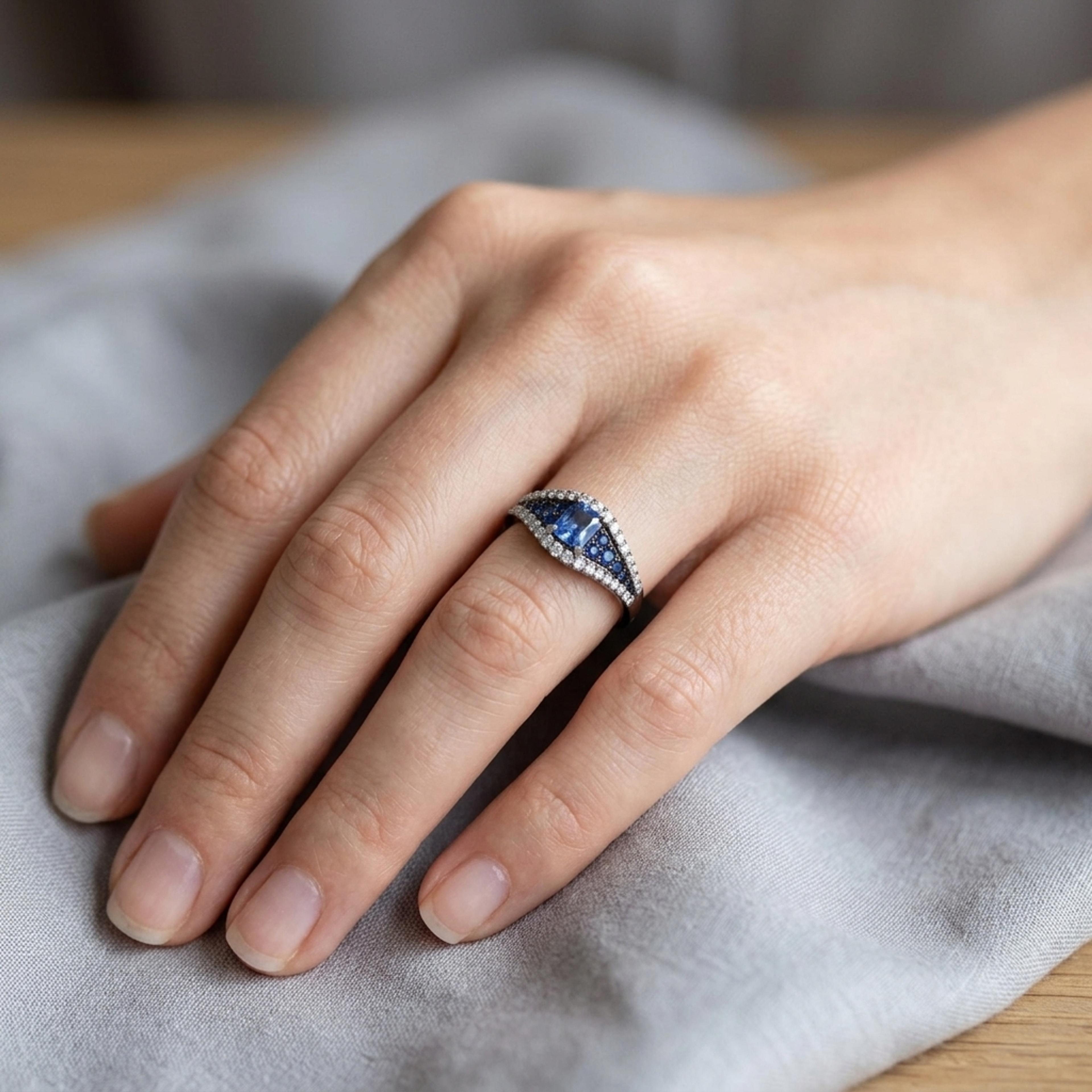 Prsten se safírem a diamanty 06, diamant, bílé zlato na ruce — Zlatnictví Vaněk Kolín