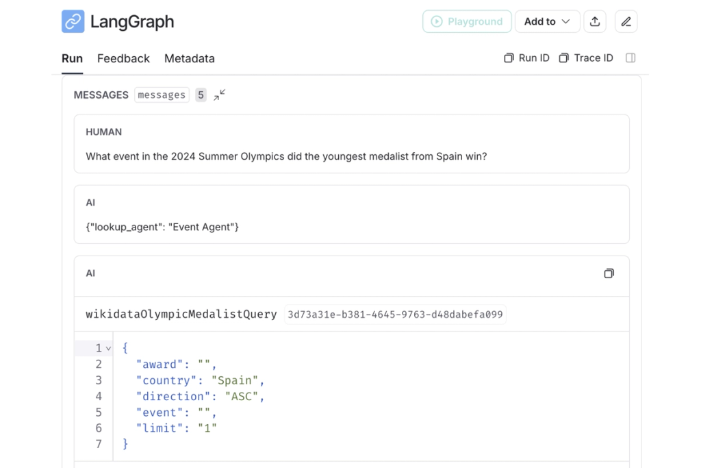 a LangSmith trace screen, showing that the event agent did not set the event parameter