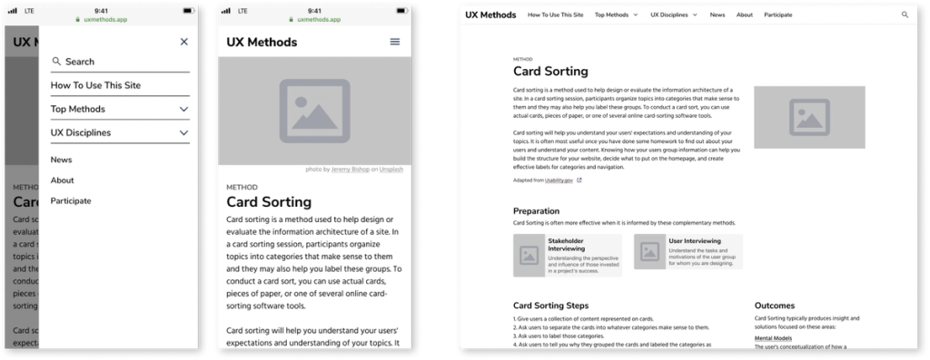 Mobile and desktop wireframes for the UX Methods website