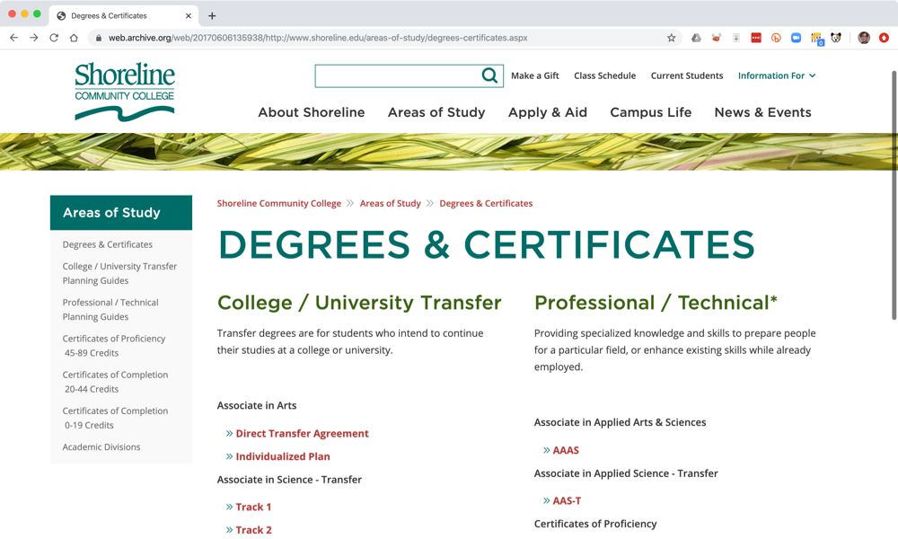 Screen capture of the Shoreline Community College Programs prior to project work