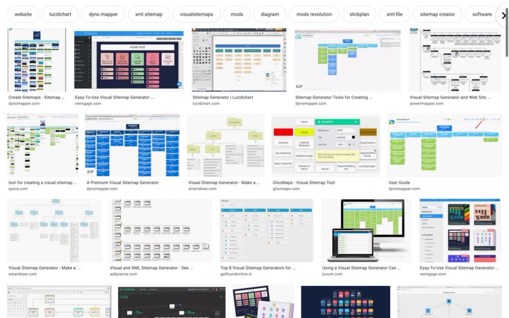 Screenshot of Google image search showing results for visual sitemap generator tools, many images showing basic, rudimentary visual sitemaps.