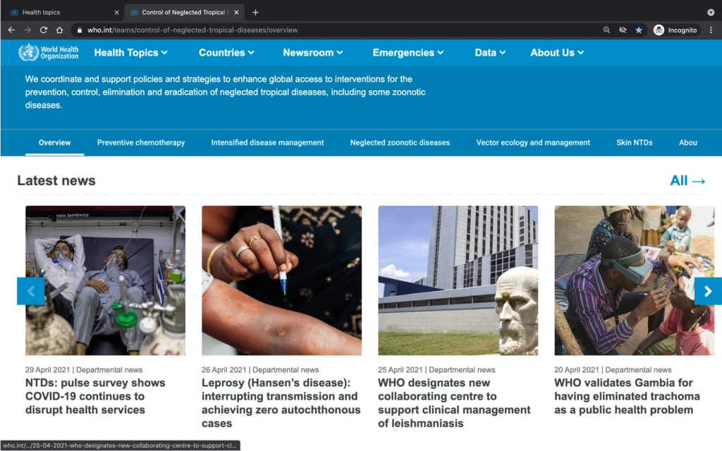 Screen capture of the WHO Department of Control of Neglected Tropical Diseases sub-site, prior to implementing recommendations