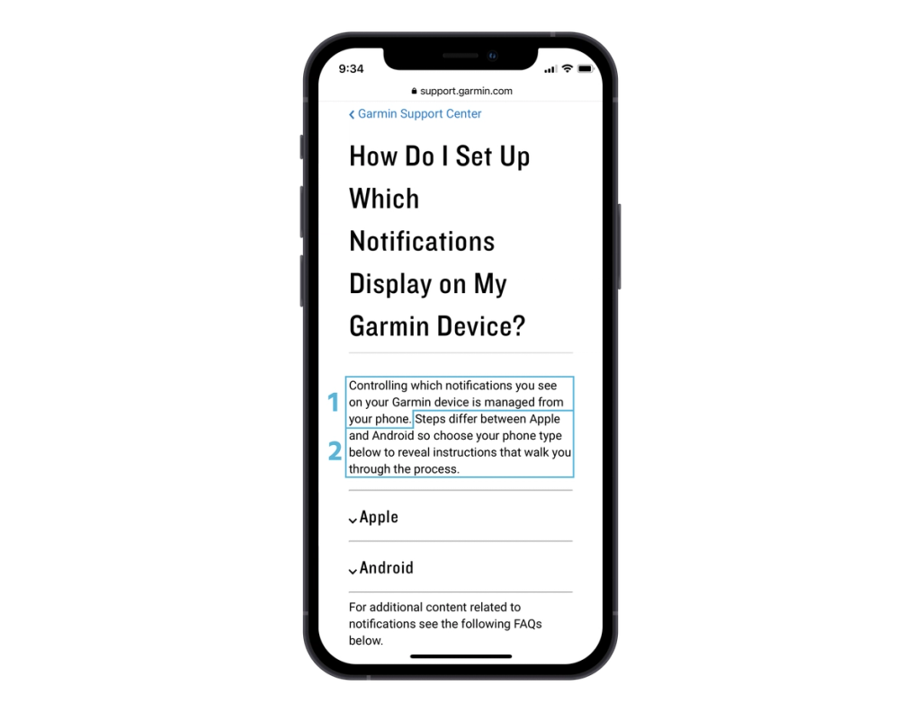 Garmin help screen annotated to show possible structured content elements. 