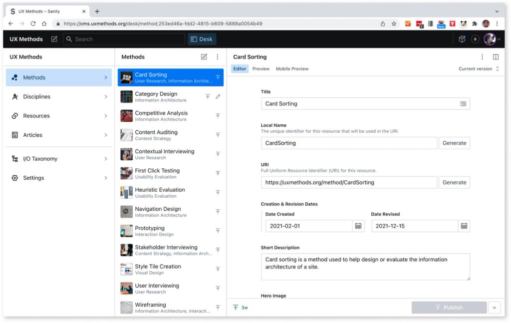 A screenshot of the UX Methods content editing interface, built with Sanity CMS
