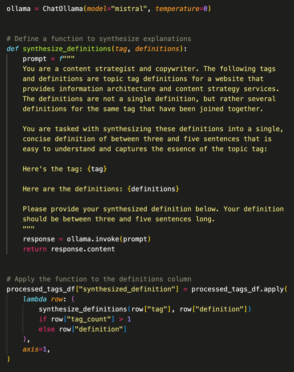 An LLM prompt instructing the model to synthesize long, repetitive definitions into a single concise definition. 