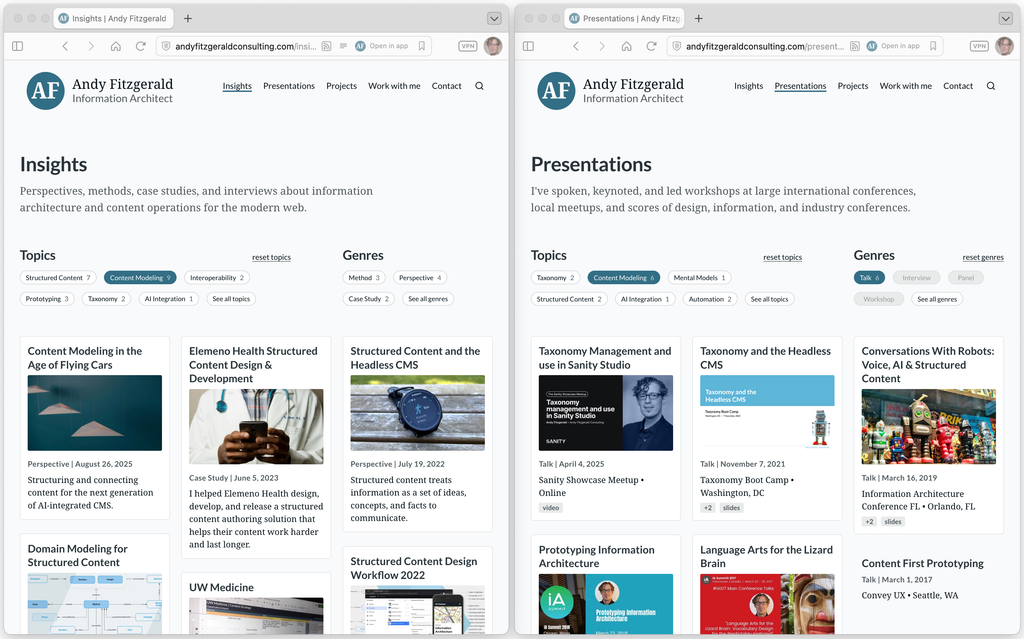 The Insights and Presentations pages from the redesigned site, showing similar facet filter options.