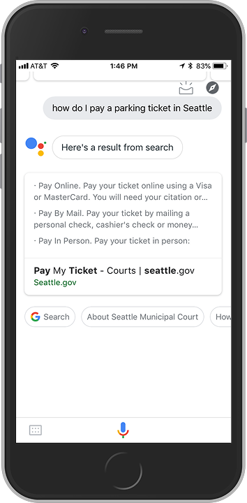 Google Assistant app on iPhone with the results of a “how do I pay a parking ticket in Boston” query, showing results only weakly related to the intended content.