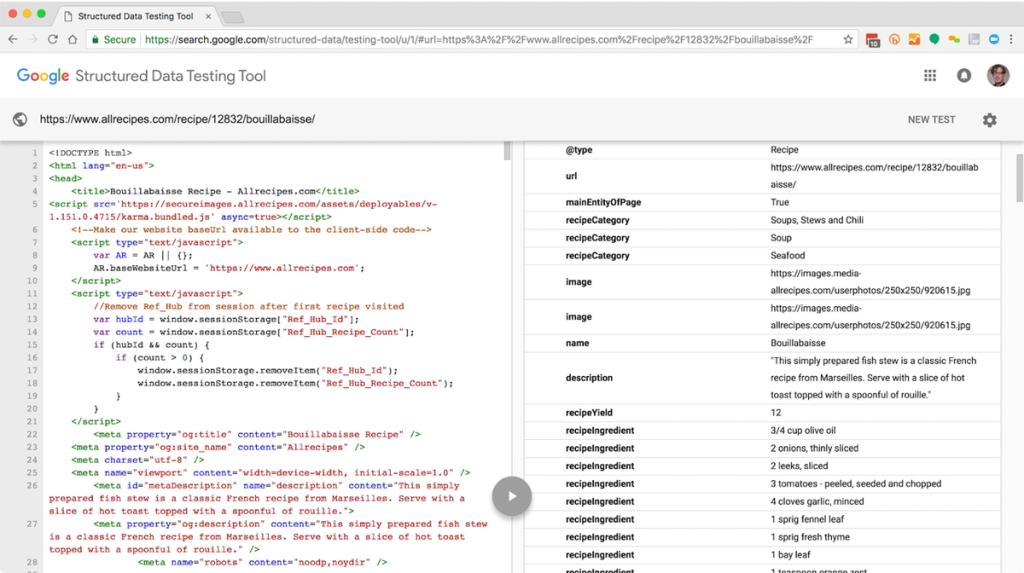 Google Structured Data Testing tool showing the markup for a bouillabaisse recipe website on the left half of the screen and the structured data attributes and values for structured content on the right half of the screen.