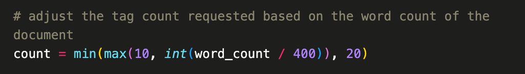 An expression setting the count variable to 10 - 20 tags, depending on the length of the article