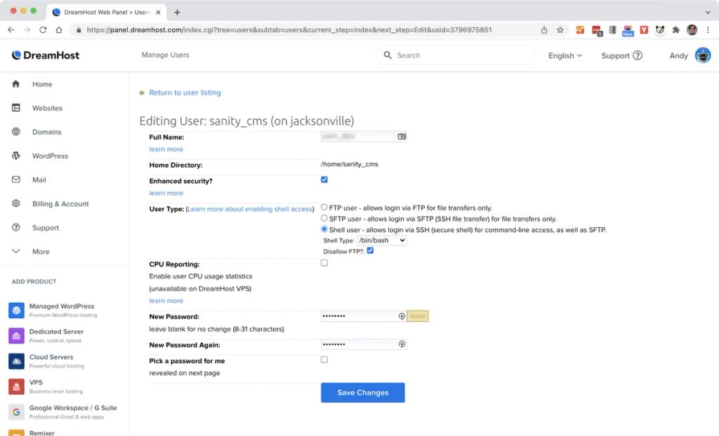 Screenshot of Edit User panel on DreamHost