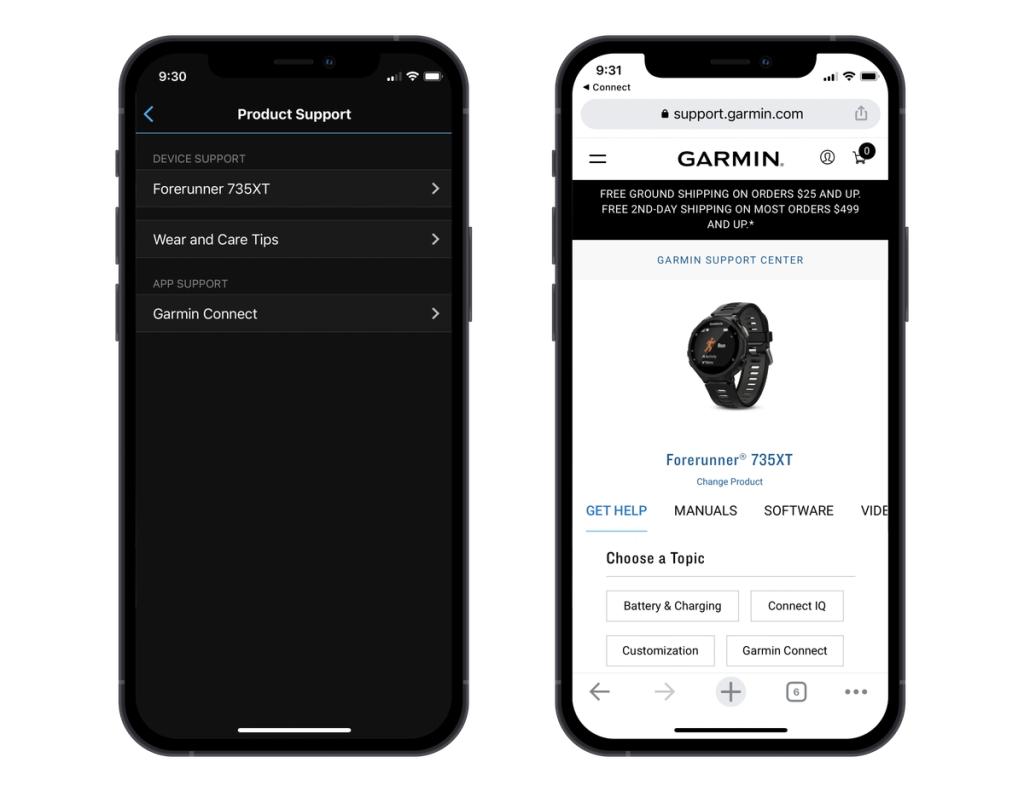 Help screen in the Garmin Forerunner app, and help screen on Garmin's mobile website.
