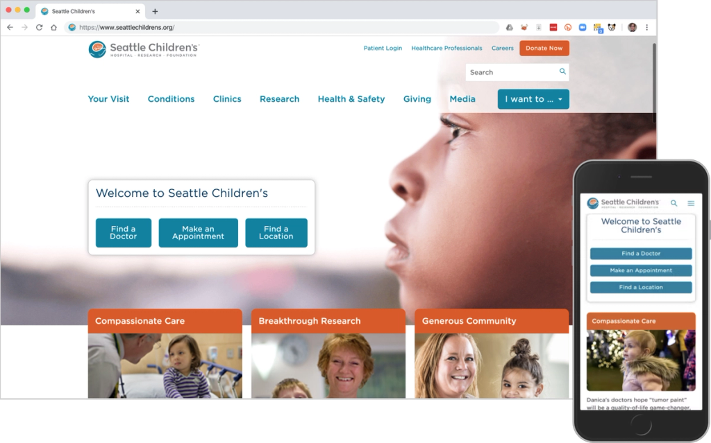 Screen capture of the Seattle Children's Hospital website after project work