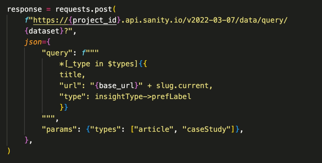 A response variable assigned to the output of a post request generated with the POST method. The query returns the title, URL, and type of each document of type "Article" or "Case Study"