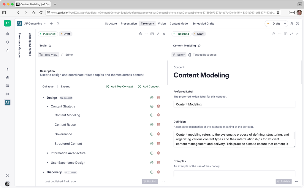 A view of a plugin operating in the Sanity platform, displaying a hierarchical list of terms, and detail page of an individual term.