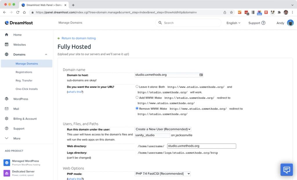 Creating a new user on DreamHost