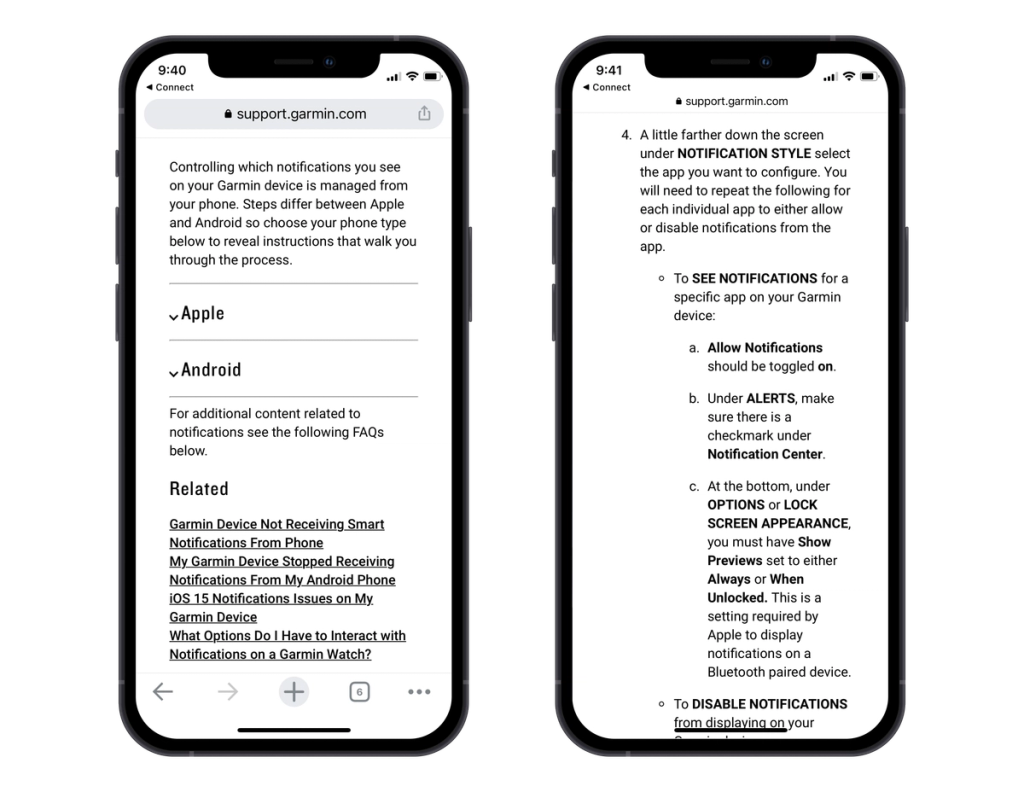 Two screens from the Garmin mobile website help section, showing instructions for setting notifications on the Garmin Forerunner. 
