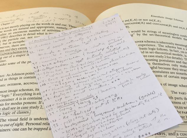 An open book with a small sheet of hand-written notes sitting on top of it