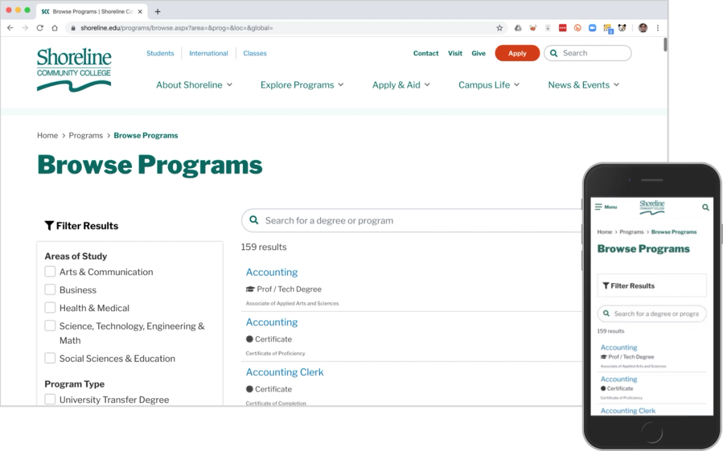 Screen capture of the Shoreline program pages after project work