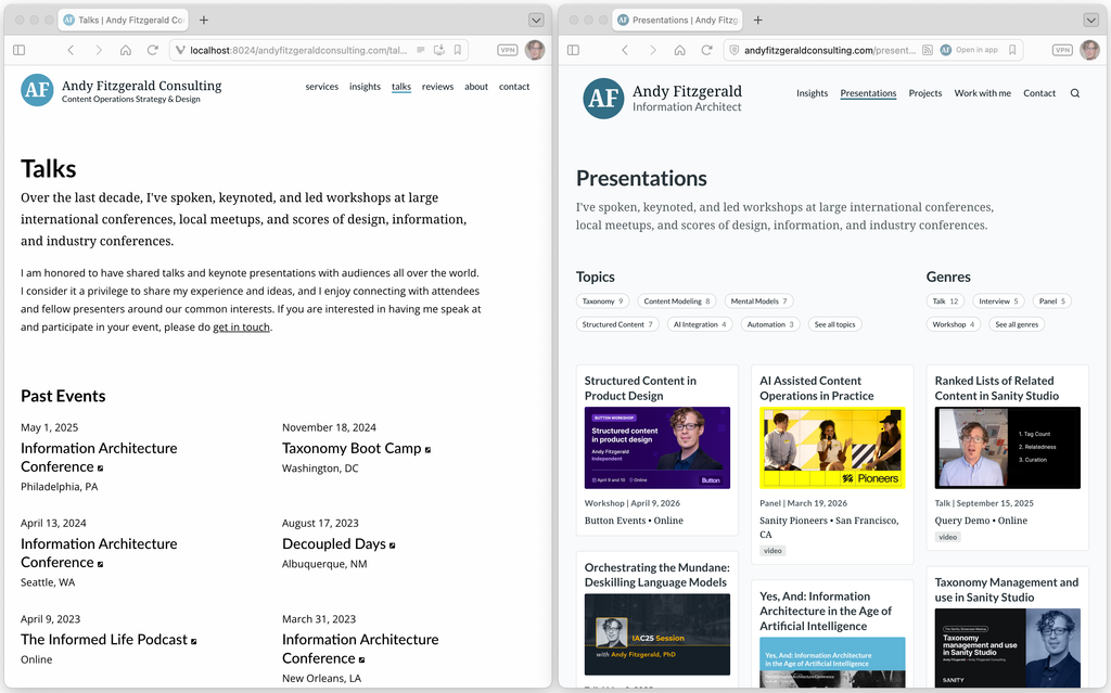 Two versions of the Talks/Presentations page, with the earlier version listing only talk locations and dates, while the updated version includes images, descriptions, decks, and more.
