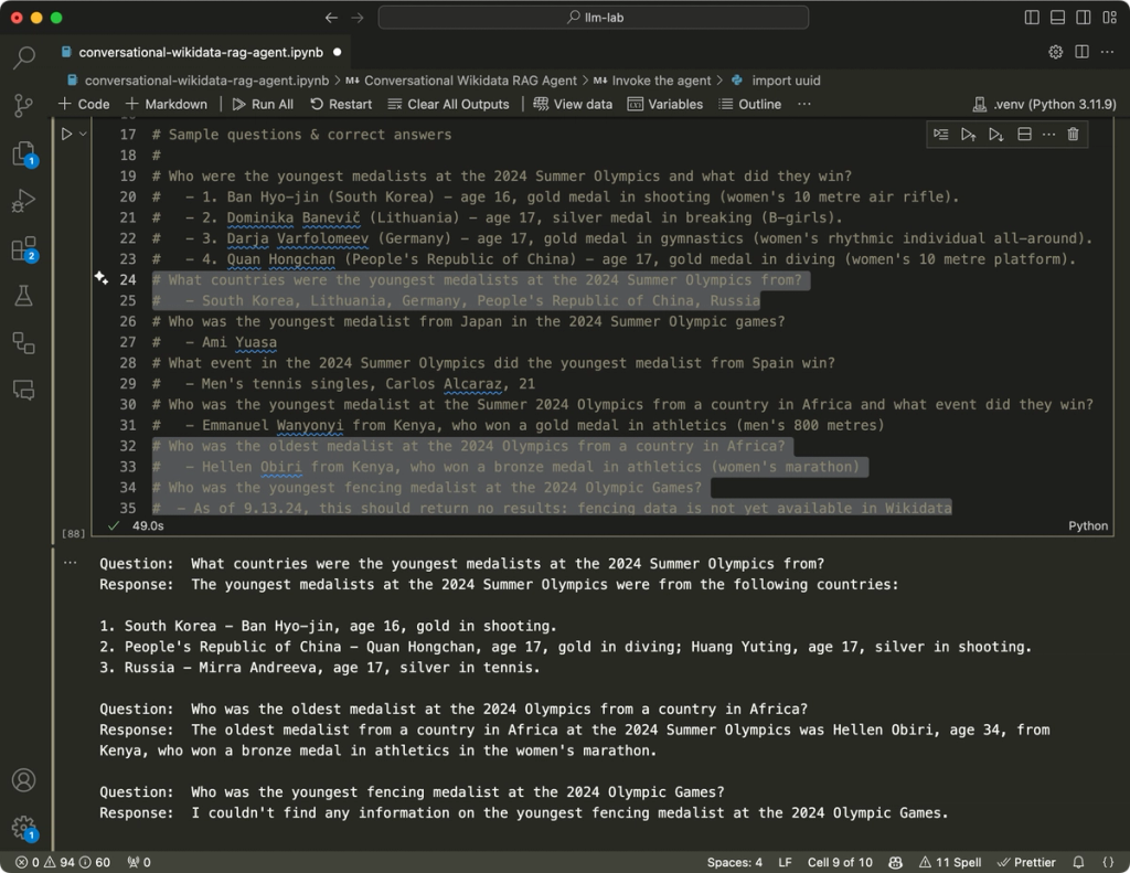 Screenshot of a VS Code window showing chat questions and responses that conform to the expectations of the sample questions and answers. 