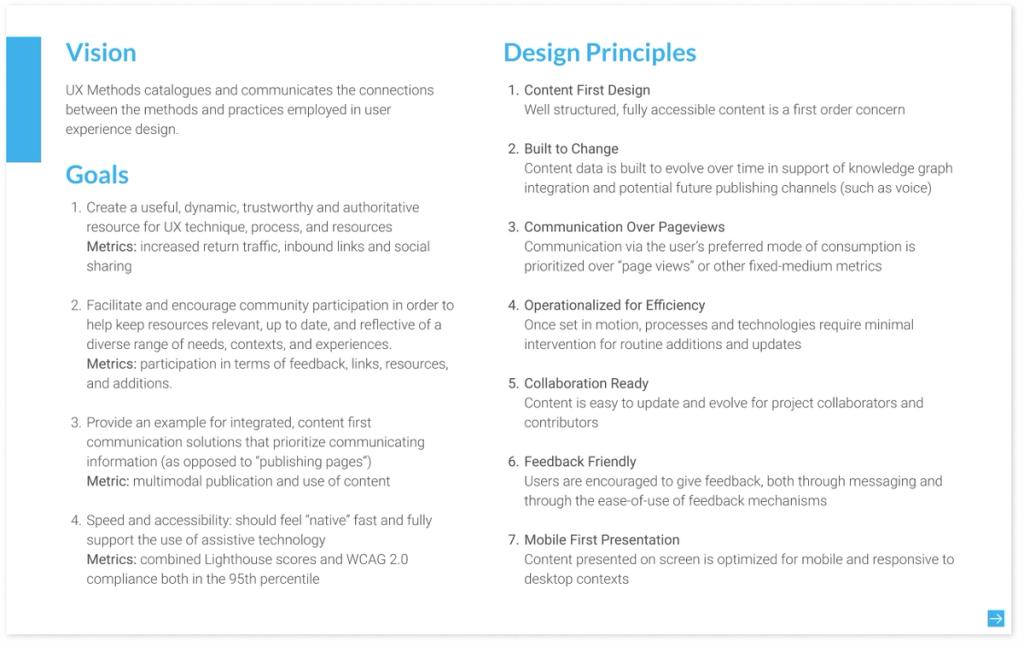 Document detailing the vision, goals, and design principles for UX Methods