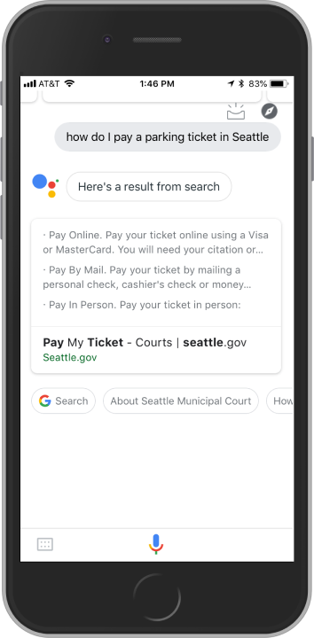 Google Assistant app on iPhone with the results of a “how do I pay a parking ticket in Seattle” query, showing nearly the same results as on the desktop web page referenced above.