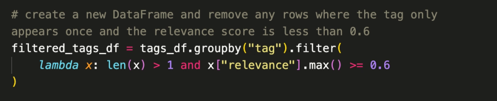 A filter method with a lambda function that only includes tags with an article count of more than one and a relevance score greater than 0.6