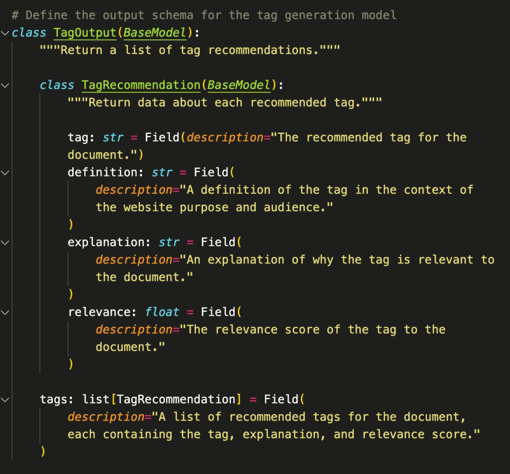 A Pydantic class specifying that the generated tag output should be returned as a set of keys with names: tag, explanation, and relevance. 