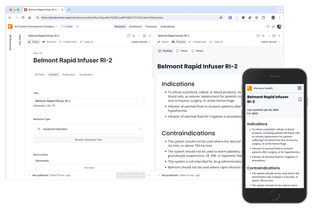 Screen capture of the revised Elemeno Health CMS after project work. 