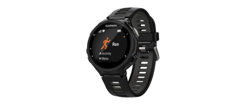 Garmin Forerunner smart watch, with the Run menu displayed on-screen.