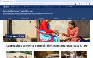 Screen capture of the WHO Control of Neglected Tropical Diseases Interventions page, after implementation of the design recommendations created in this project.
