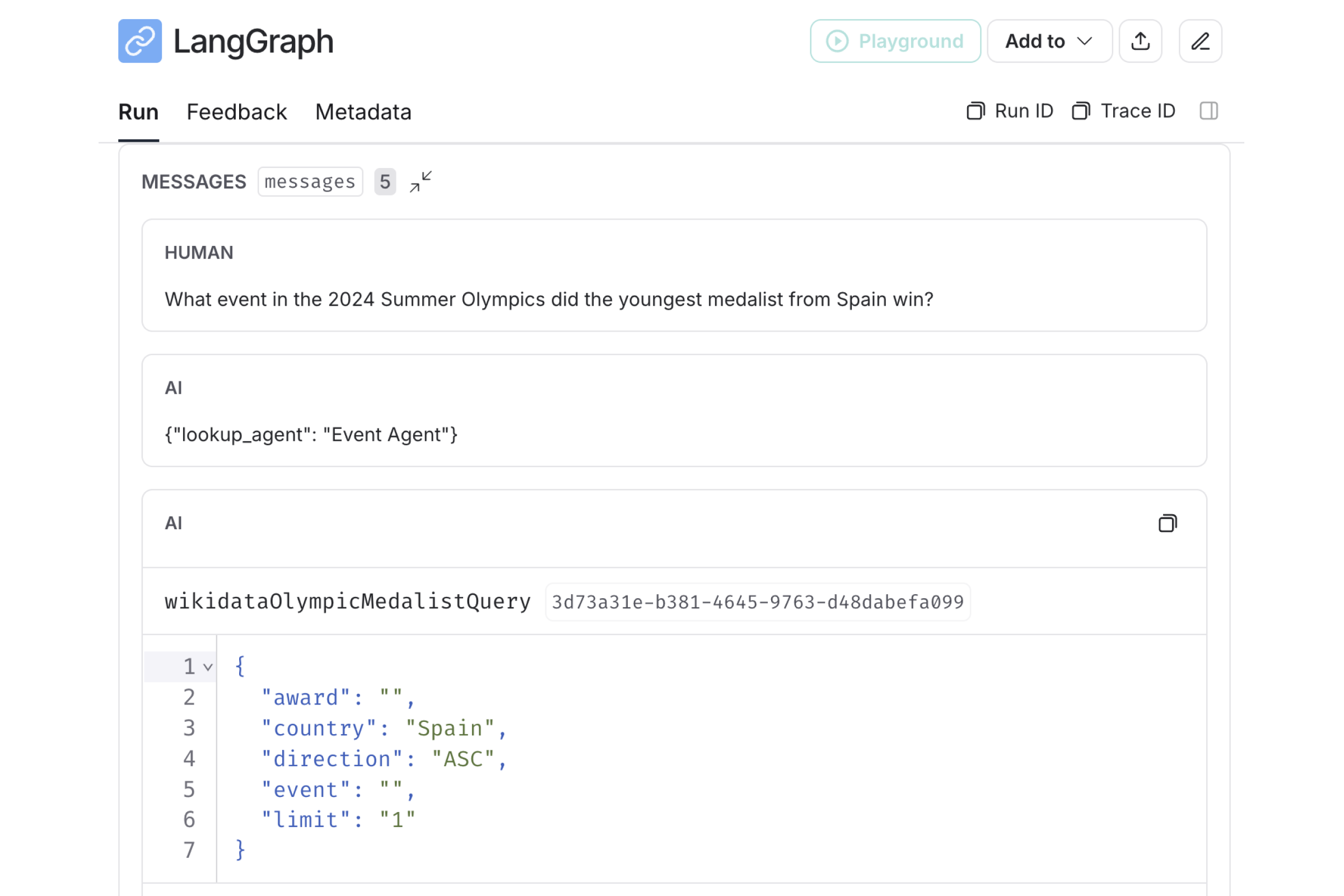 a LangSmith trace screen, showing that the event agent did not set the event parameter