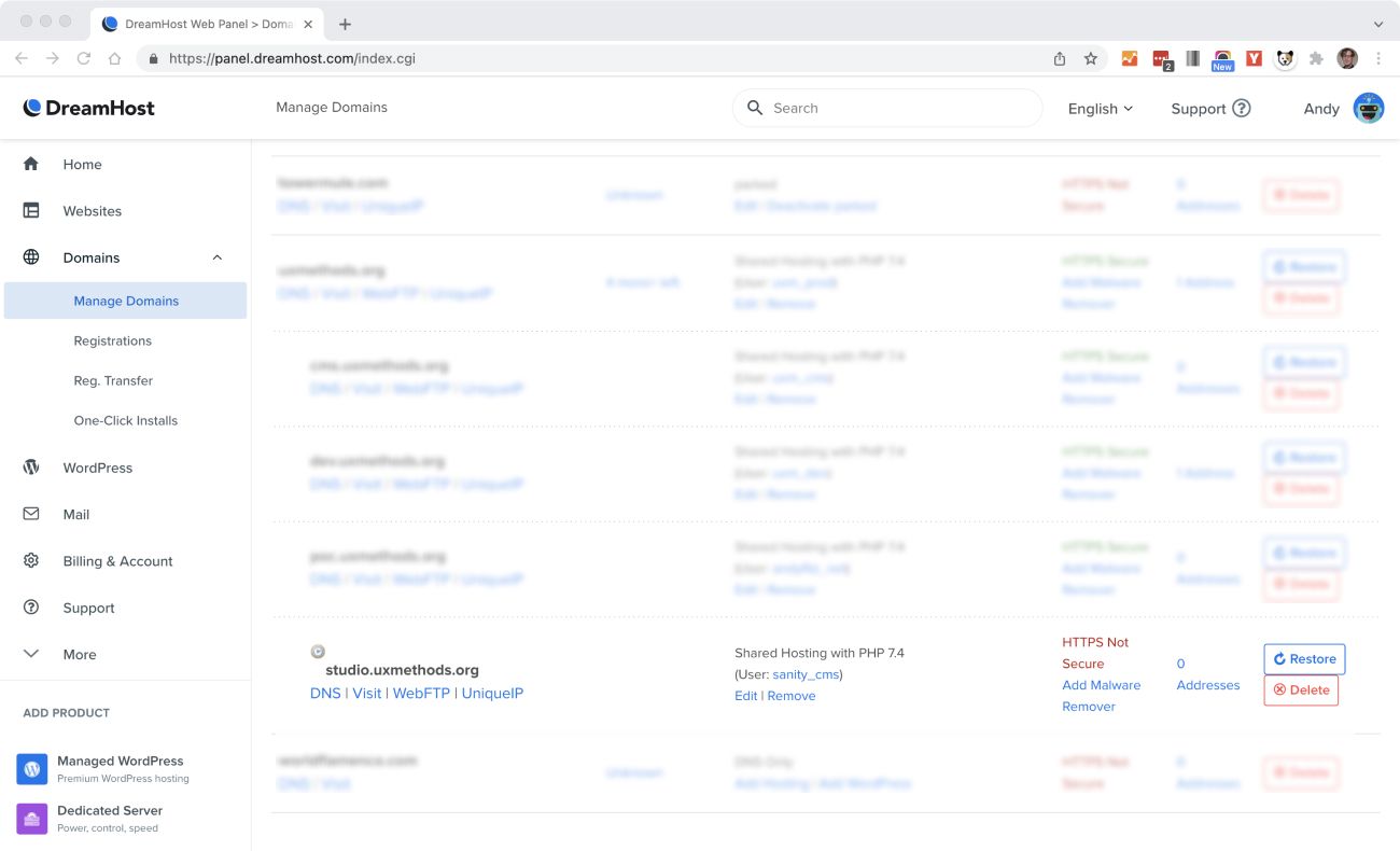 Screenshot of DreamHost Manage Domains admin dashboard