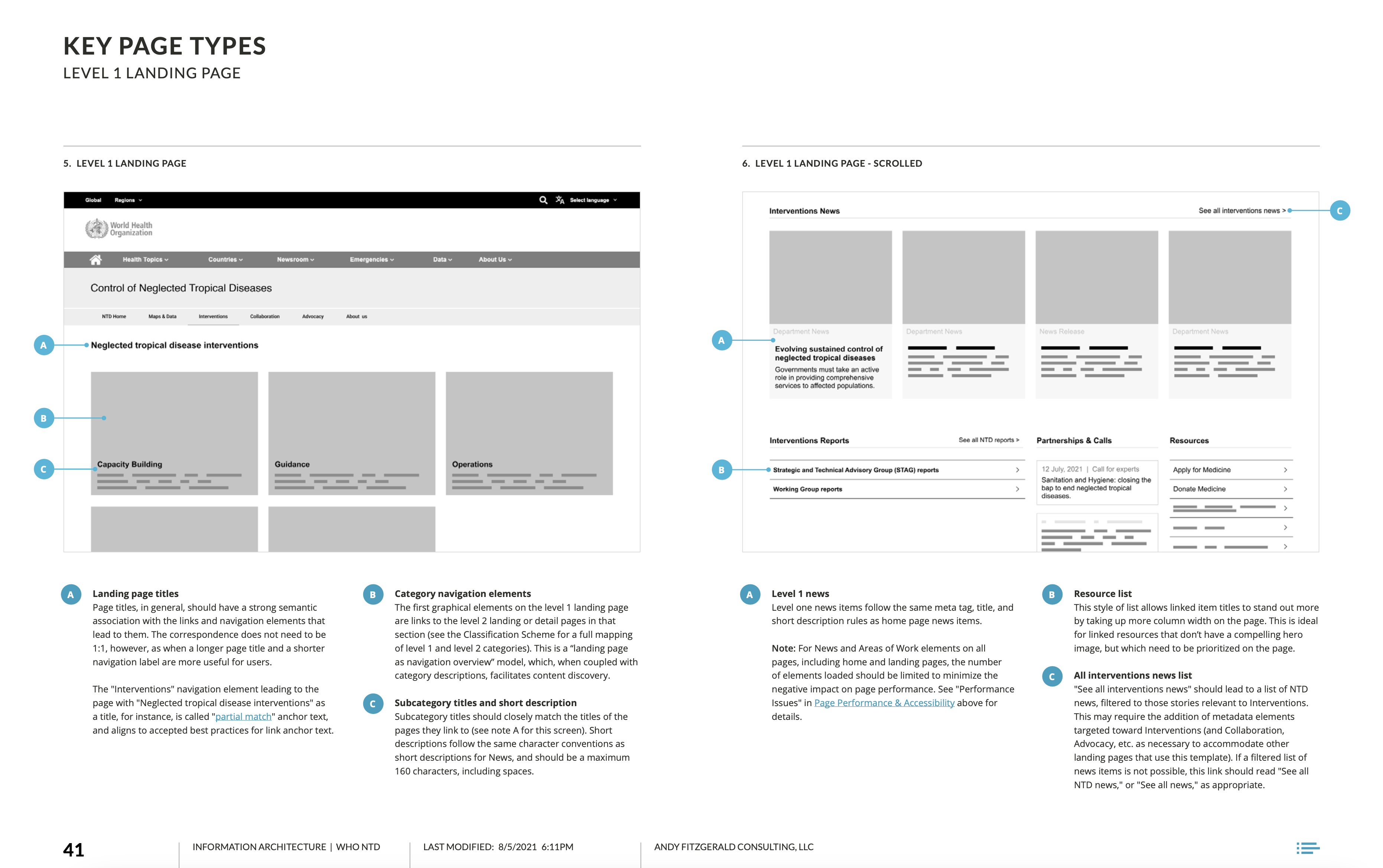 An excerpt of the WHO NTD key page type recommendation, documented as wireframe screens in a two up layout