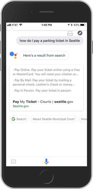 Google Assistant app on iPhone with the results of a “how do I pay a parking ticket in Boston” query, showing results only weakly related to the intended content.