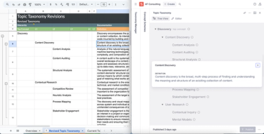 A single taxonomy structure shown on two screens, the first in a spreadsheet, and the second in a custom taxonomy management tool in Sanity Studio.. 