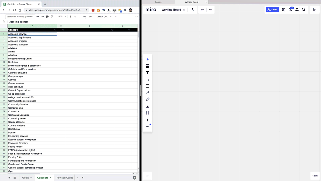 Spreadsheet terms being imported into Miro.