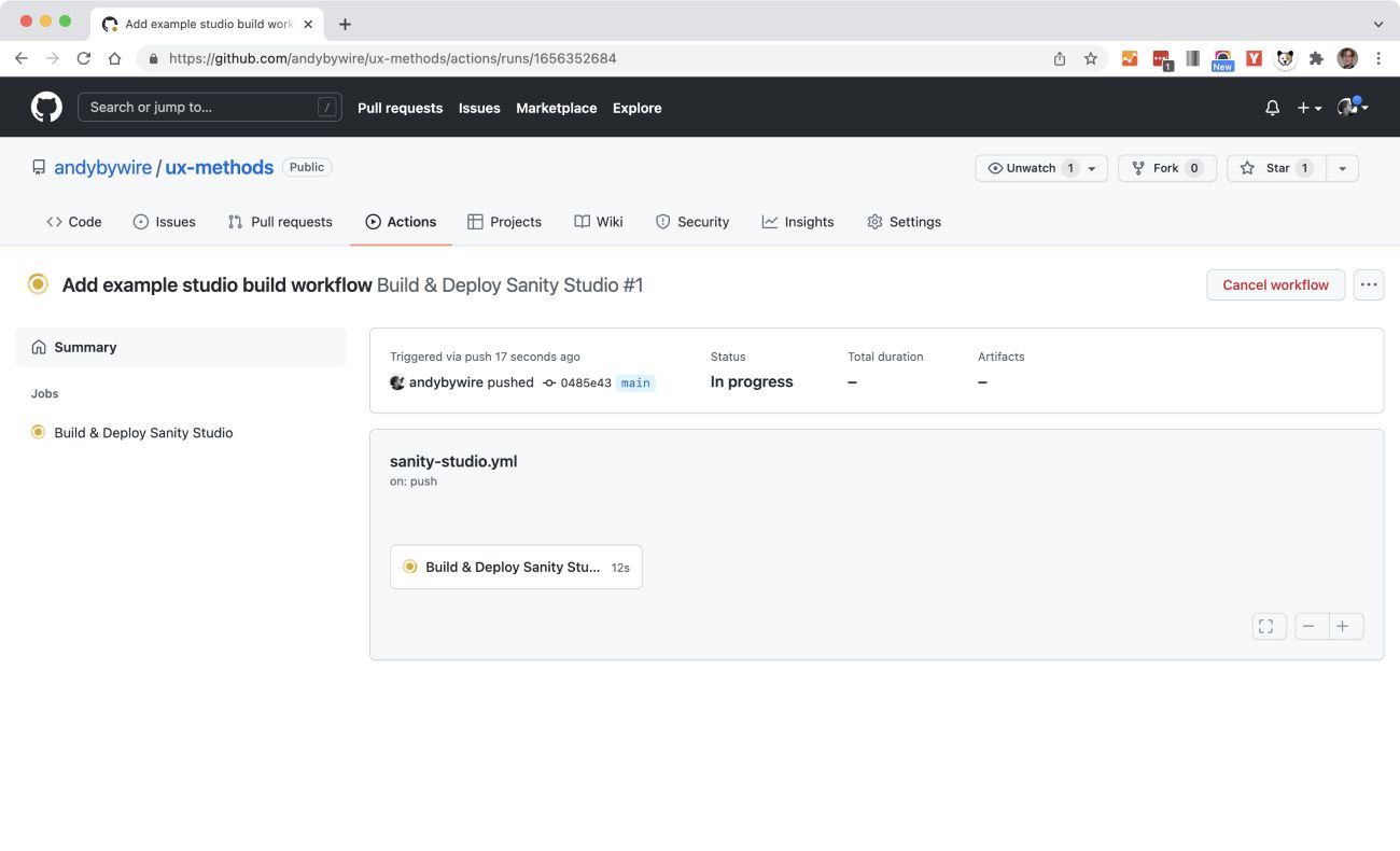 Screenshot of the Build and Deploy workflow in the process of being run in GitHub Actions