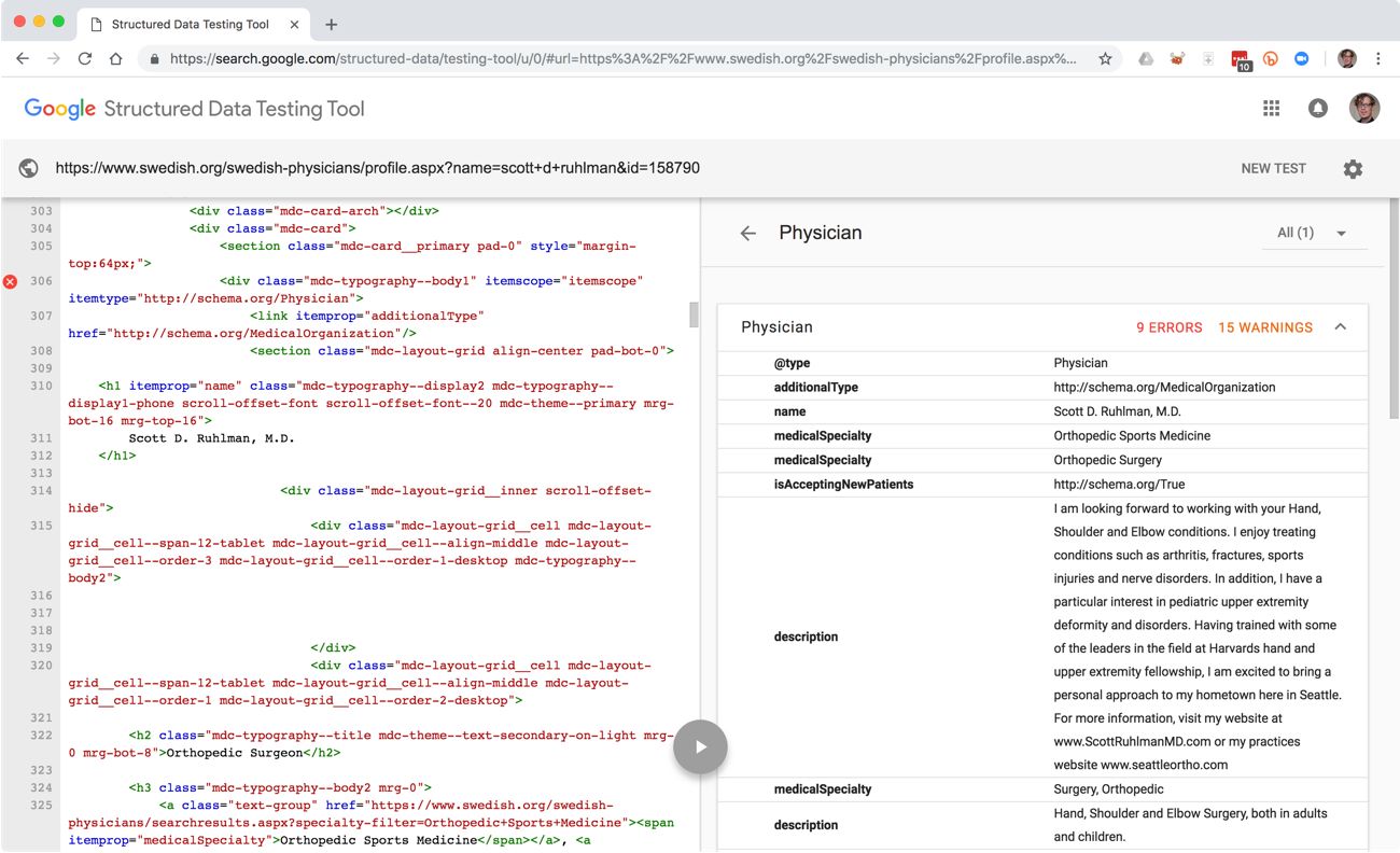 Google Structured Data Testing tool, showing the markup for Dr. Ruhlman's profile page on the left half of the screen, and the structured data attributes and values for the structured content on that page on the right half of the screen.
