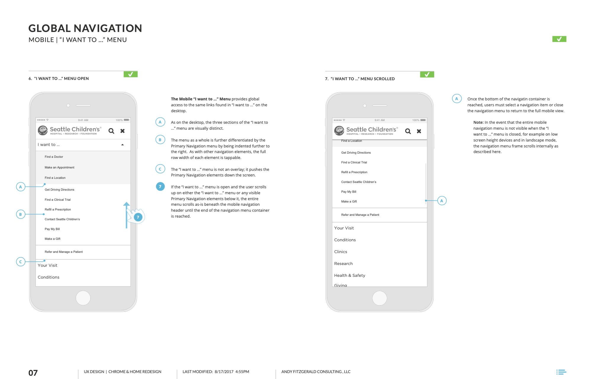 Wireframe design specifications for the Seattle Children's mobile website